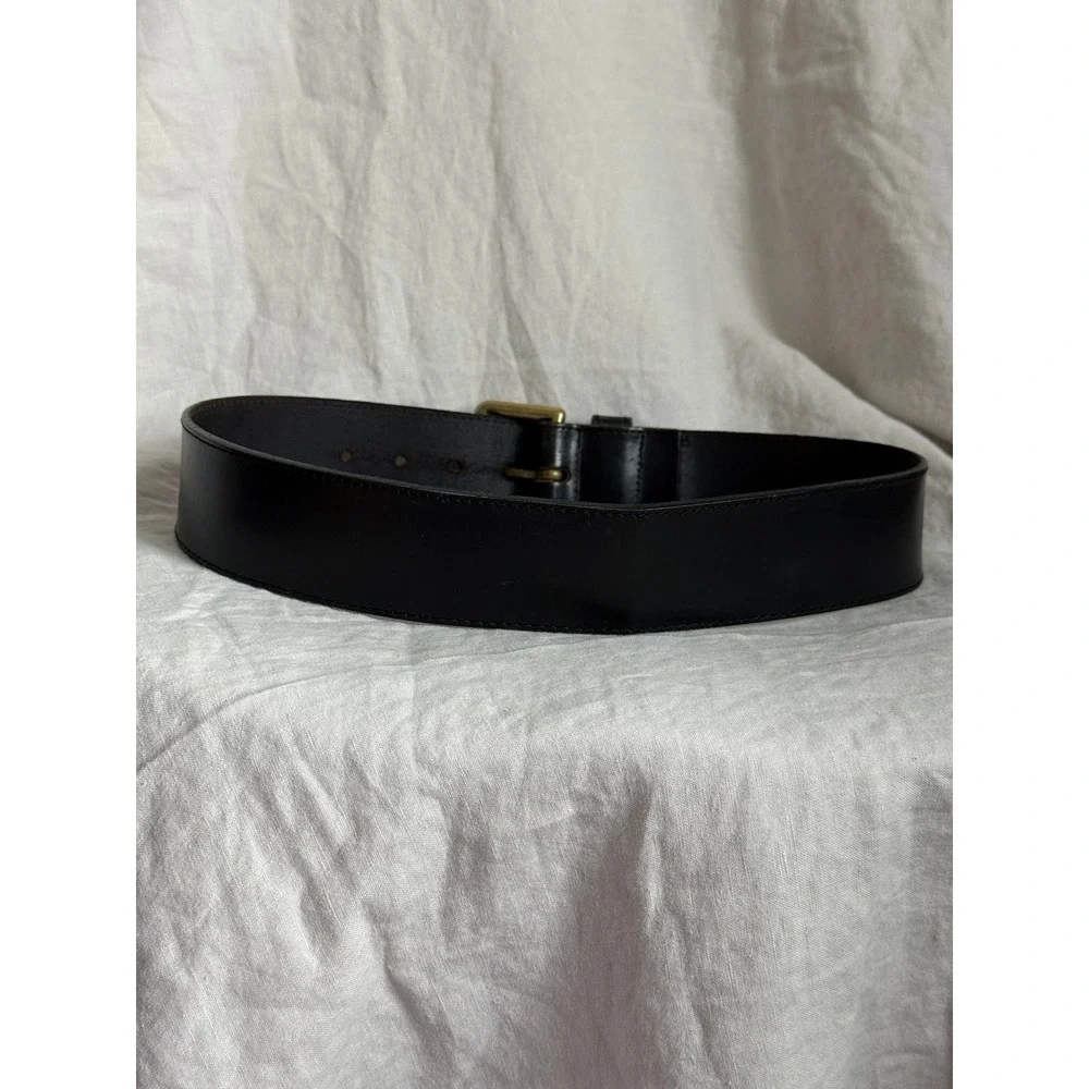 Vintage Black Leather Wide Waist Belt Gold Roller Buckle Dark Academia Goth M